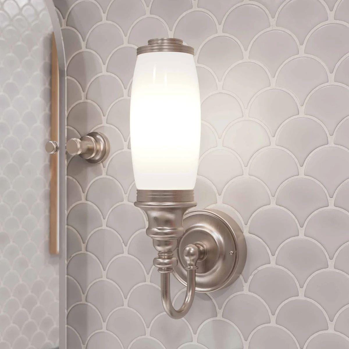 Burlington Bathroom Lighting Brushed Nickel Burlington LED Ornate Bathroom Wall Light with Opal Glass Tube Shade