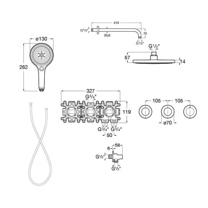 Roca Concealed Shower Set Roca T-Multi Switch Thermostatic Concealed Shower Valve with Rainshower Head, Shower Handset and Hose