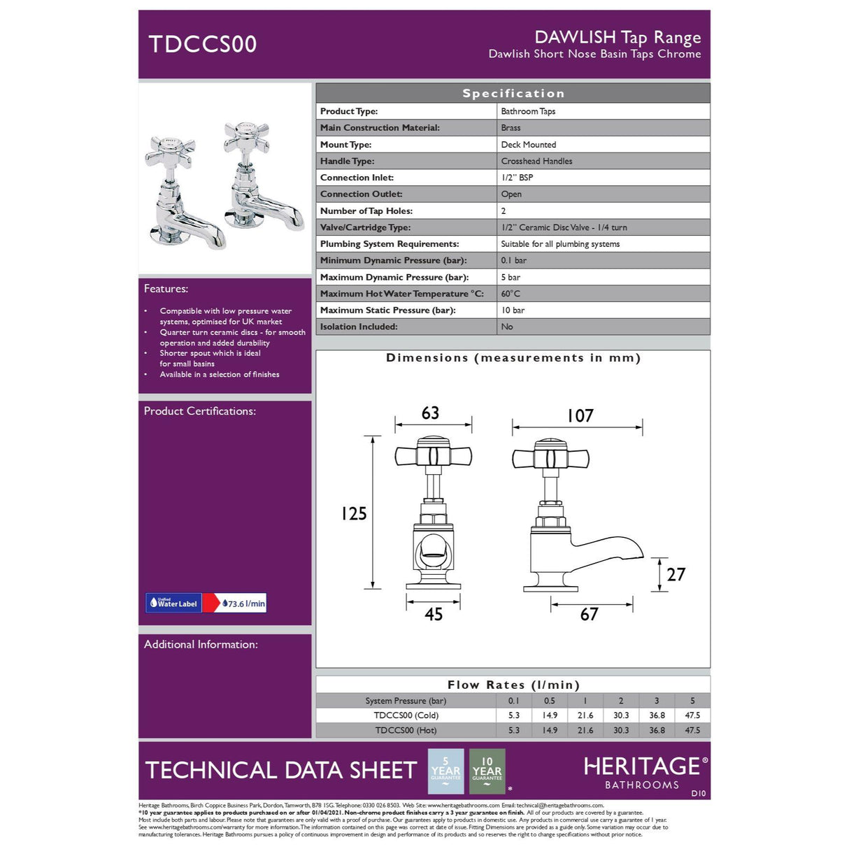 Heritage Dawlish Short Nose Basin Pillar Taps (Pair)