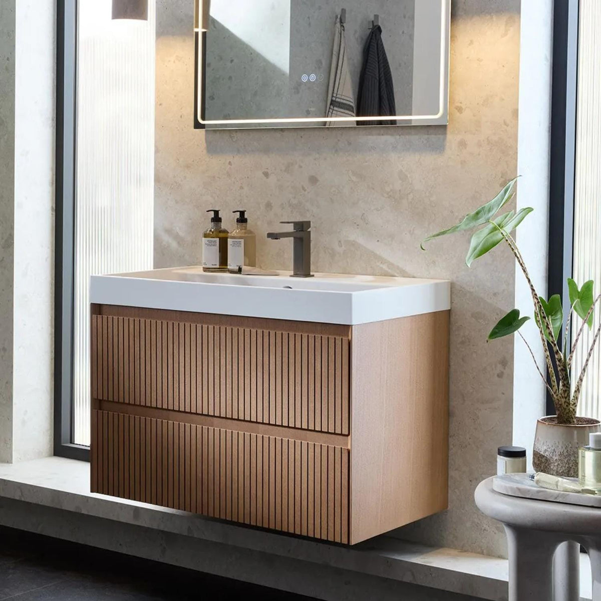 Vado Wall Mounted Vanity Unit Vado Groove Fluted Wall Mounted Two Drawer Vanity Unit with Basin