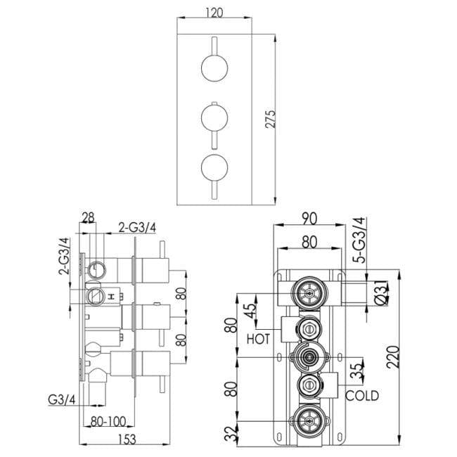 JTP Concealed Shower Set JTP VOS 3 Outlet, 3 Handle, Concealed Thermostatic Shower Valve