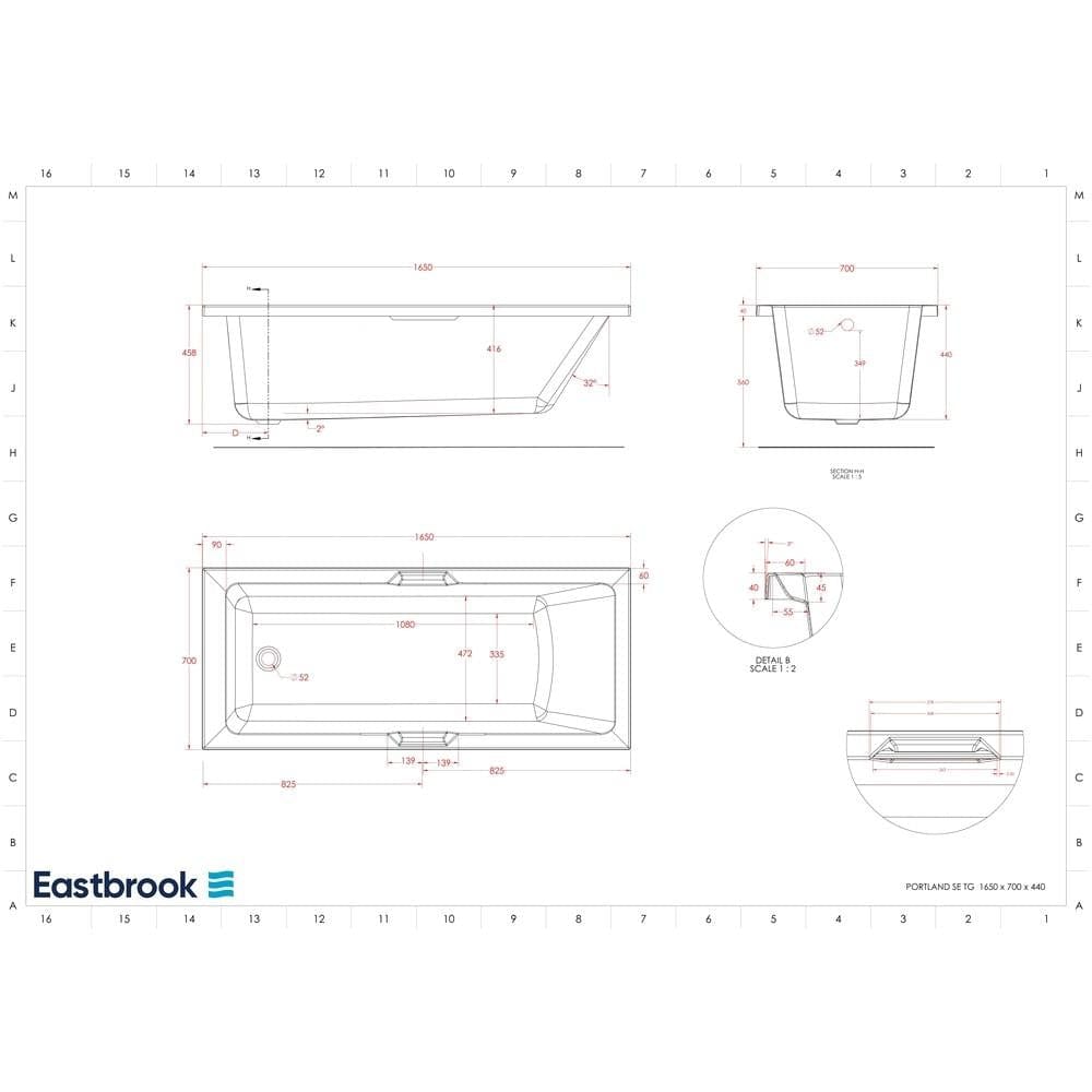 Eastbrook Double Ended Bath 1700 x 700mm / Reinforced Eastbrook Portland Double Ended Bath with Single Grip