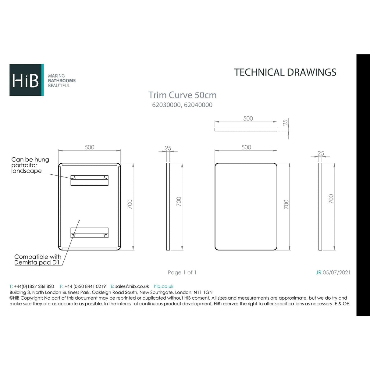HiB Standard Mirror 500 x 700mm / Black HiB Trim Curve Bathroom Mirror