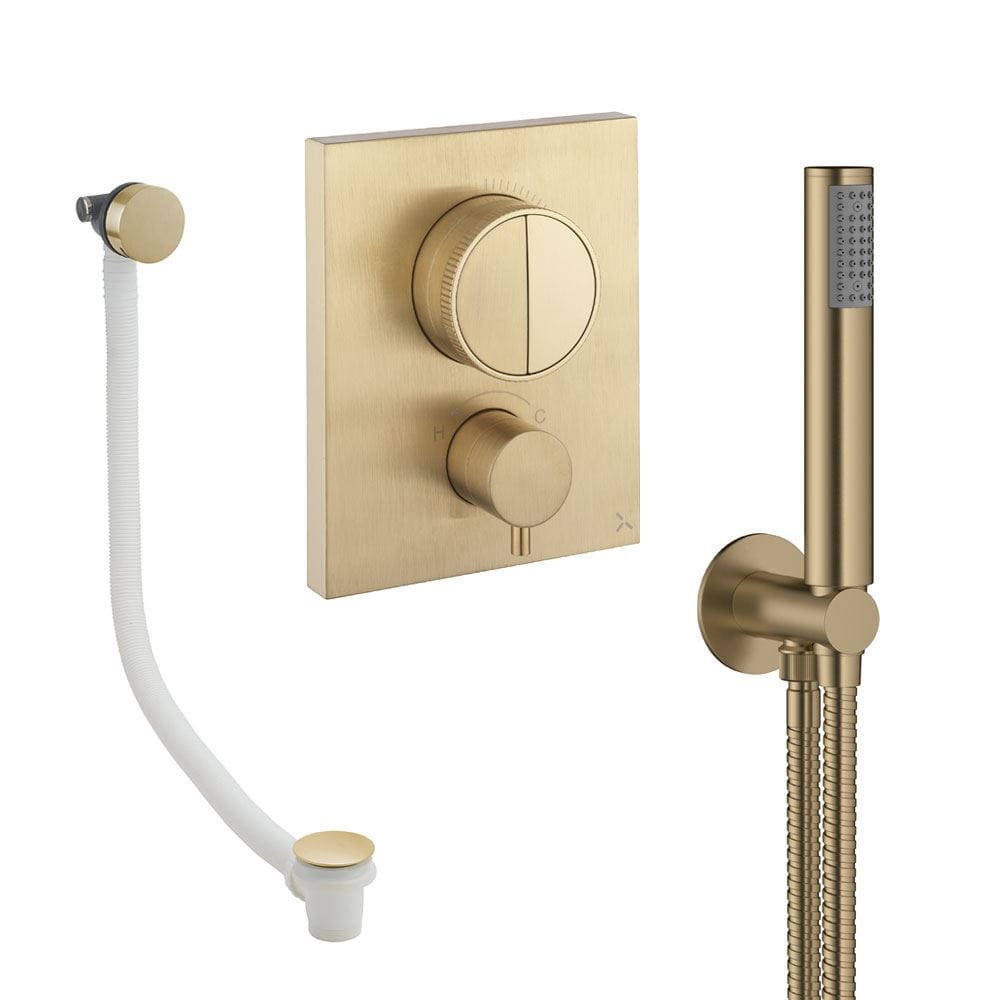 UK Bathroom Store Concealed Shower Set Brushed Brass Crosswater Crossbox Push Shower Set 3 - 2 Outlet with Pencil Handset and Overflow Bath Filler Waste