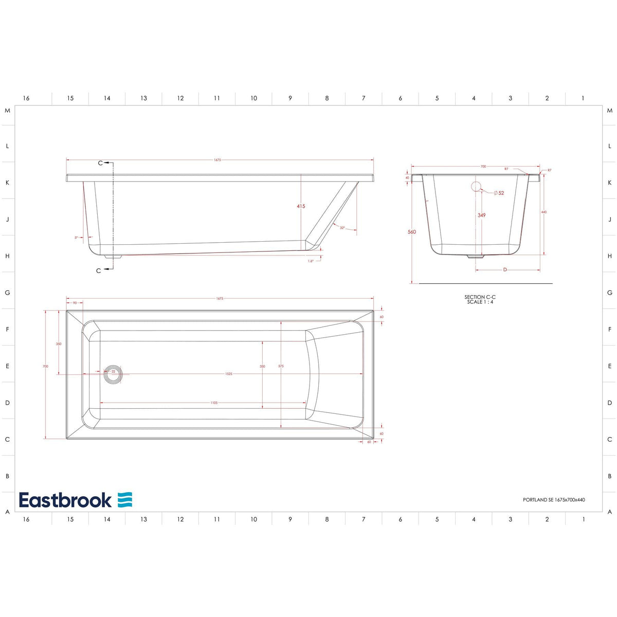 Eastbrook Portland Single Ended Bath 1675 x 700mm in Beauforte Reinforced White Acrylic