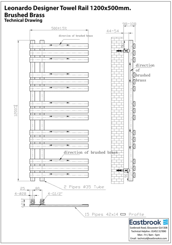 Eastbrook Designer Towel Radiator Eastbrook Leonardo Straight Vertical Heated Towel Rail in Brushed Brass