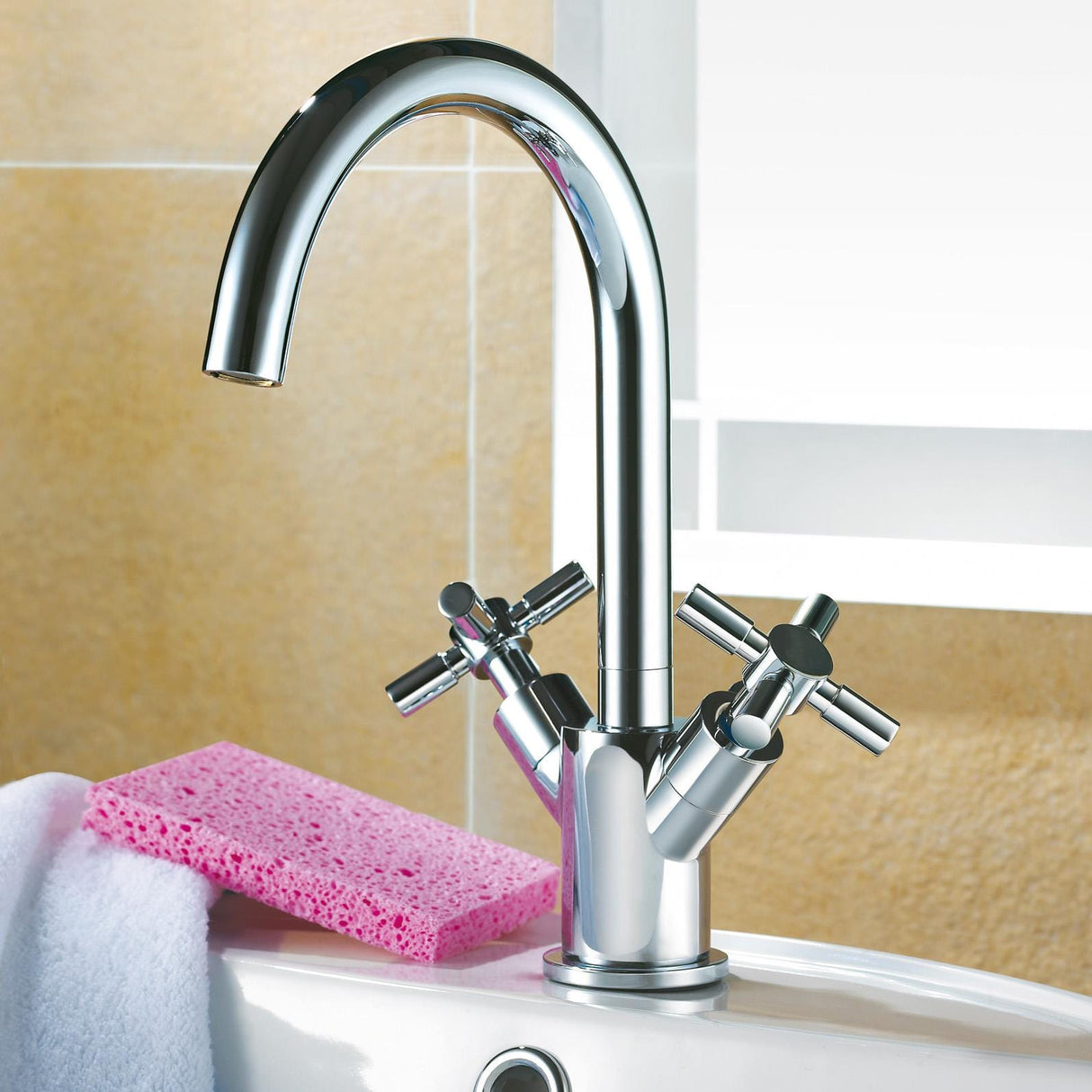 Flova Mono Basin Tap Flova XL 2 Handle Basin Mixer Tap with Clicker Waste in Diamond Chrome