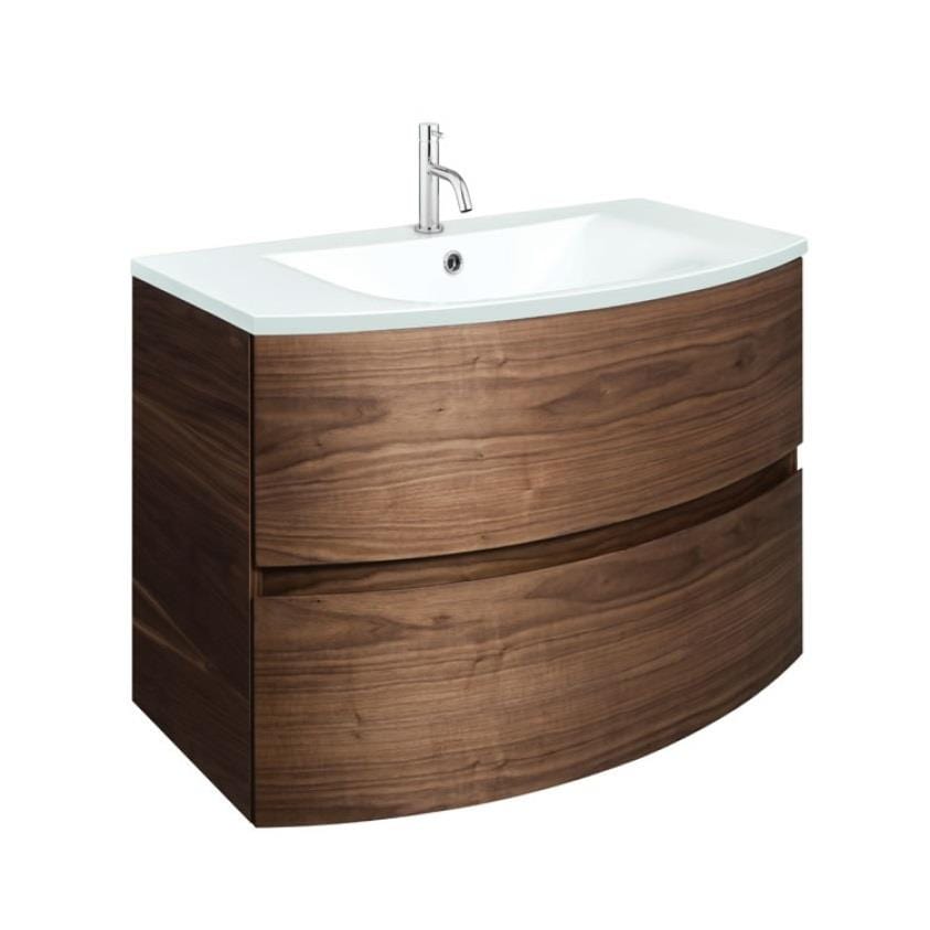 Crosswater Wall Mounted Vanity Unit American Walnut / 800mm / Ice White Basin - 1 Tap Hole Crosswater Svelte Wall Hung Vanity Unit with Basin