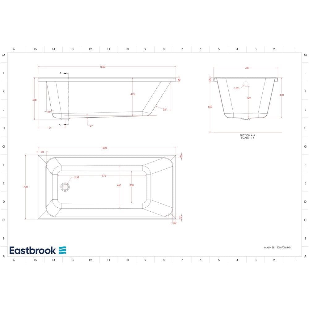 Eastbrook Single Ended Bath 1500 x 700 / 5mm Eastbrook Malin Single Ended Bath