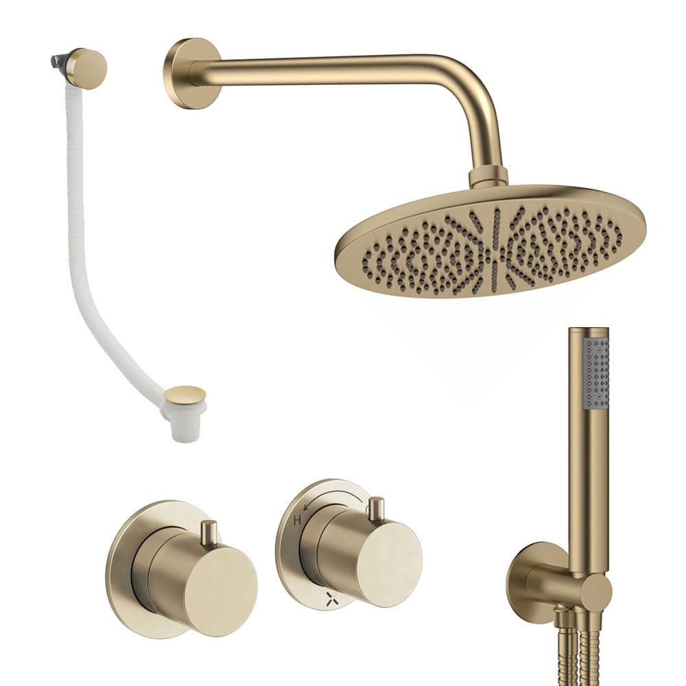 UK Bathroom Store Concealed Shower Set Brushed Brass / Wall Arm / 300mm Crosswater Module Shower Set 6 - 3 Outlet with Overhead Shower, Handset and Overflow Bath Filler