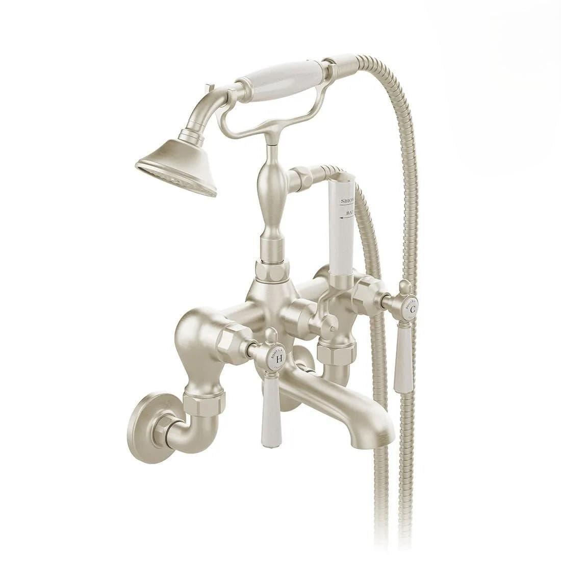 Vado Bath Shower Mixer Brushed Nickel Booth & Co. Axbridge Lever Wall Mounted Bath Shower Mixer with Traditional Shower Handset