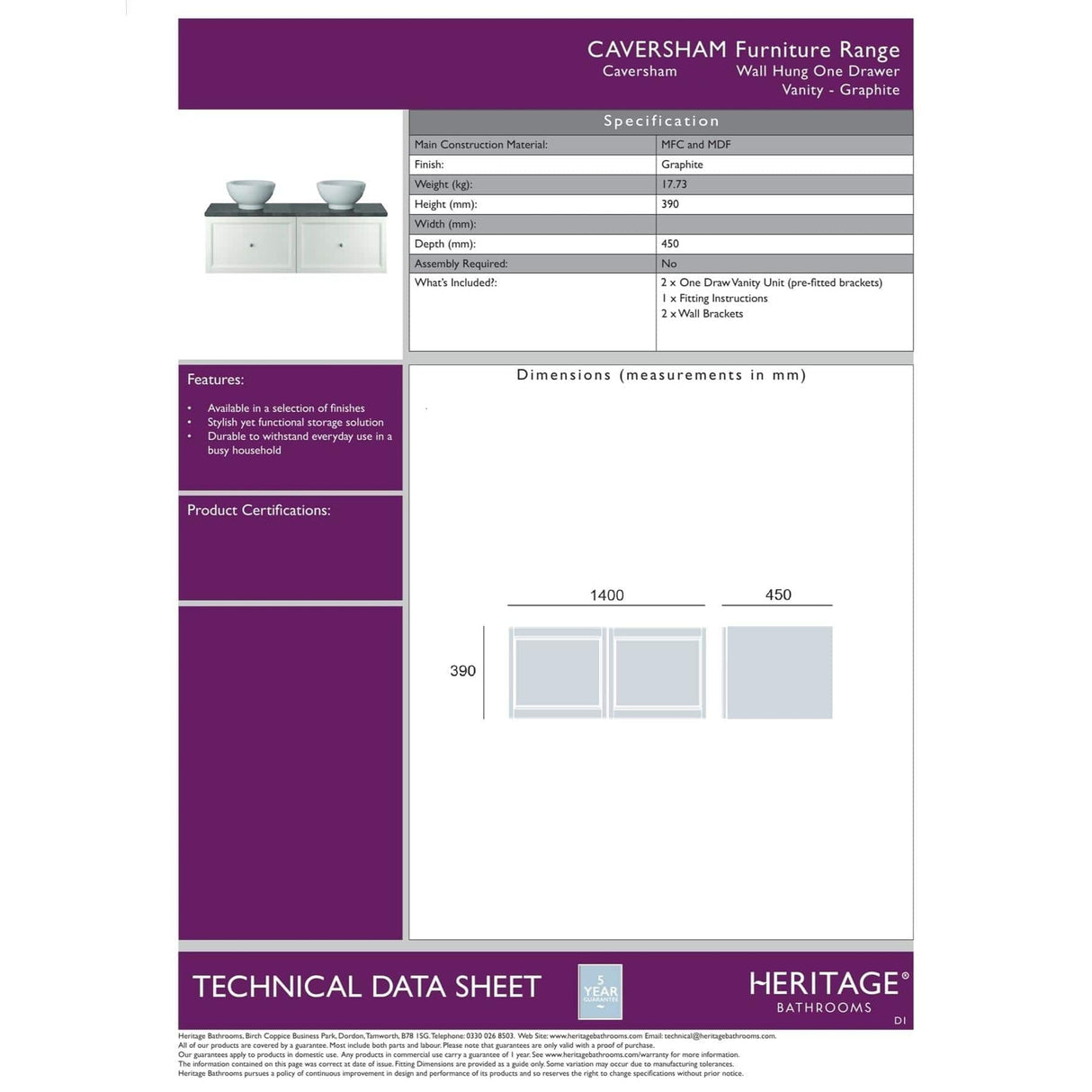 Heritage Wall Mounted Vanity Unit Graphite / One Drawer Heritage Caversham Wall Mounted Vanity Unit with Worktop - 1400mm