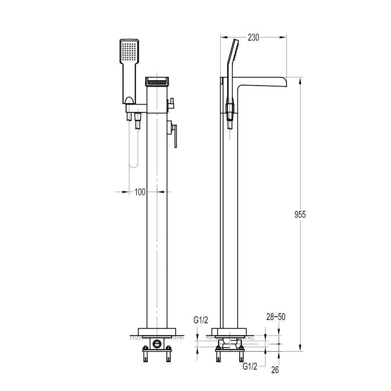 Flova Freestanding Bath Filler Flova Cascade Floor Standing Bath and Shower Mixer with Shower Set in Diamond Chrome