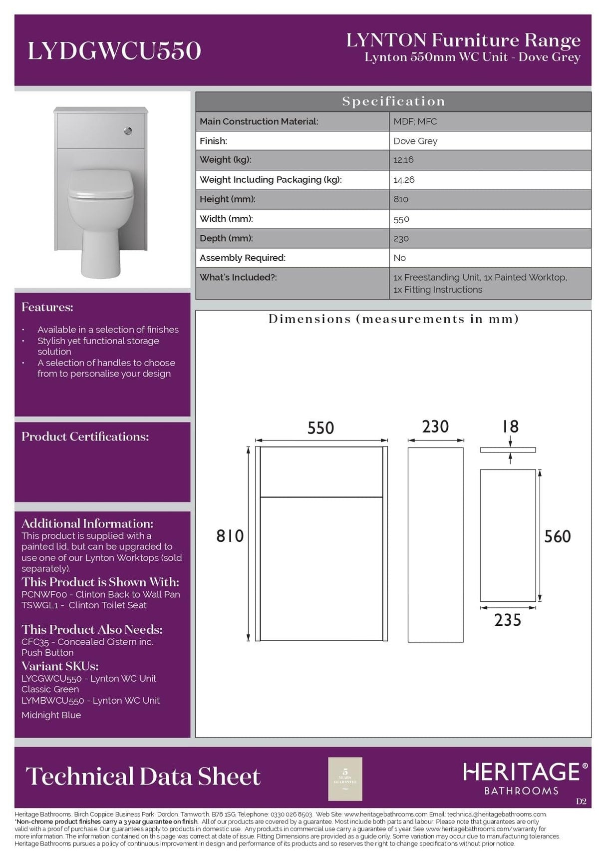 Heritage WC Back to Wall Unit Heritage Lynton WC Unit - 550mm Wide