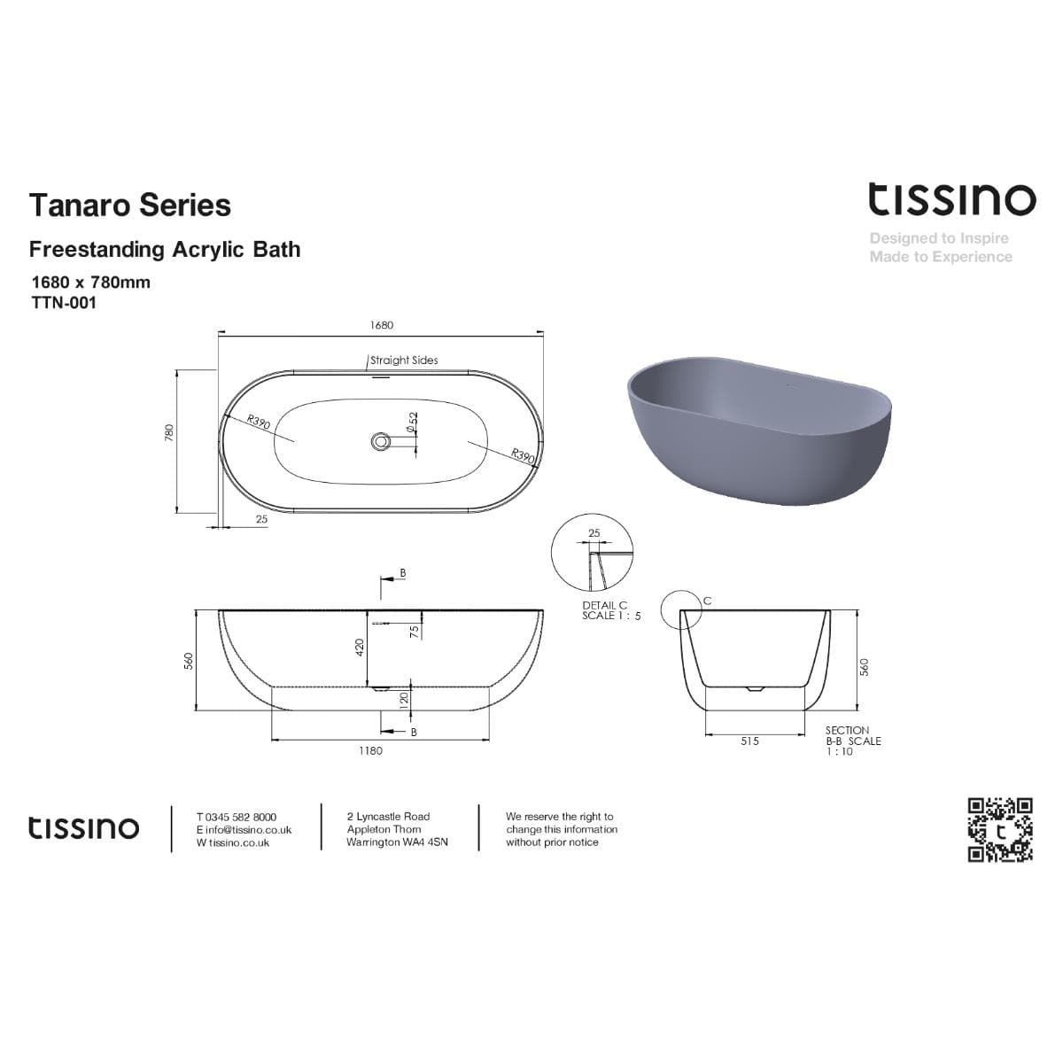 Tissino Modern Freestanding Bath Tissino Tanaro Acrylic Freestanding Bath with Ledge