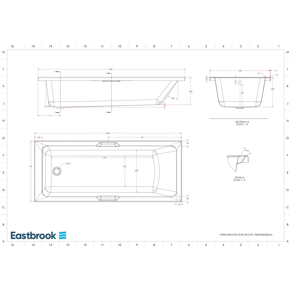 Eastbrook Single Ended Bath Eastbrook Portland Low Level Eco Single Ended Twin Grip Bath (Grips Sold Separately)