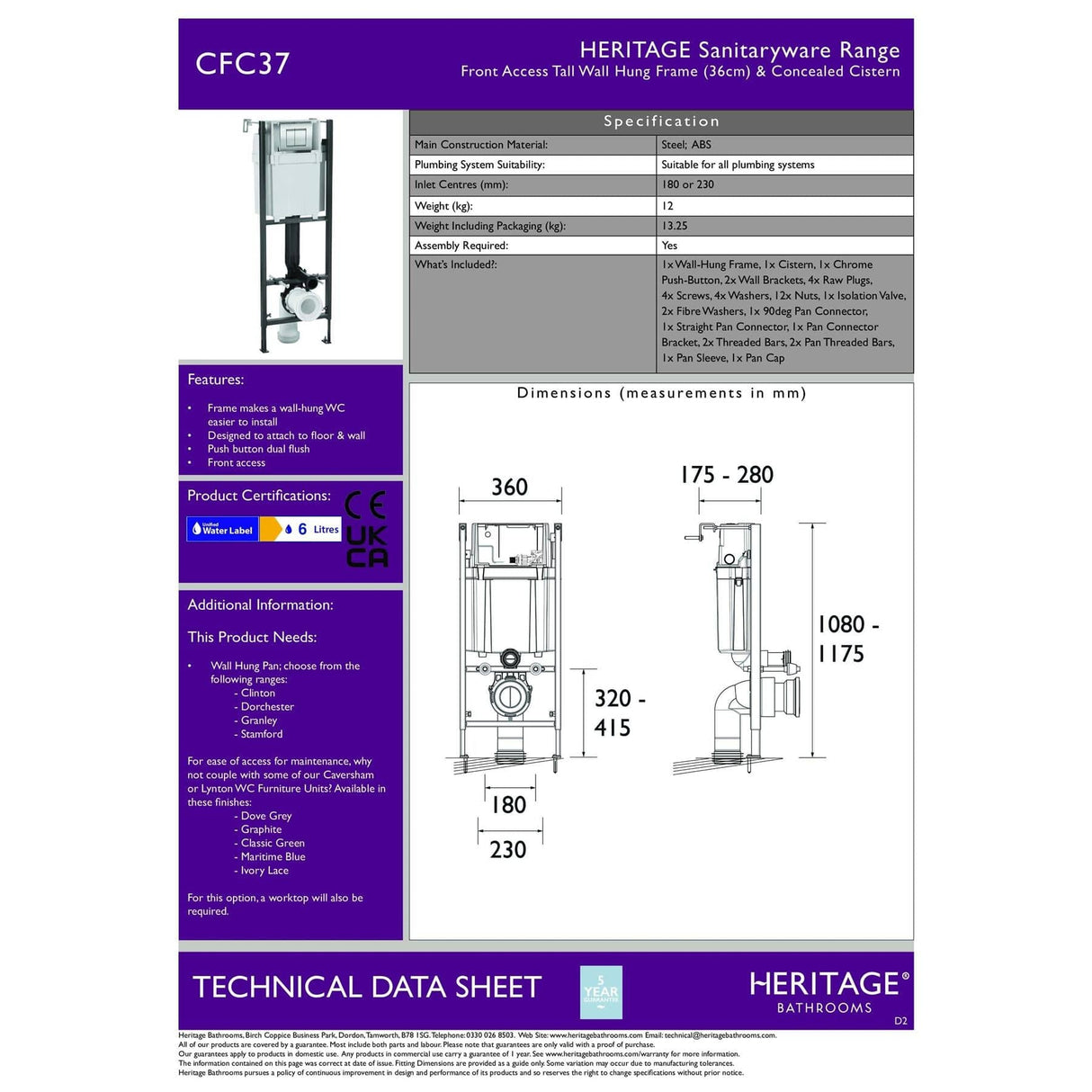 Heritage Wall Hung WC Frame Heritage Tall Wall Hung WC Frame and Concealed Cistern with Front Access - 1080mm