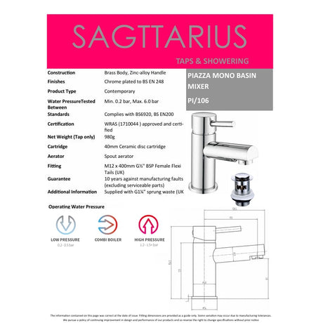 Sagittarius Cloakroom Taps Sagittarius Piazza Mini Mono Basin Mixer Tap with Pop-Up Waste in Chrome