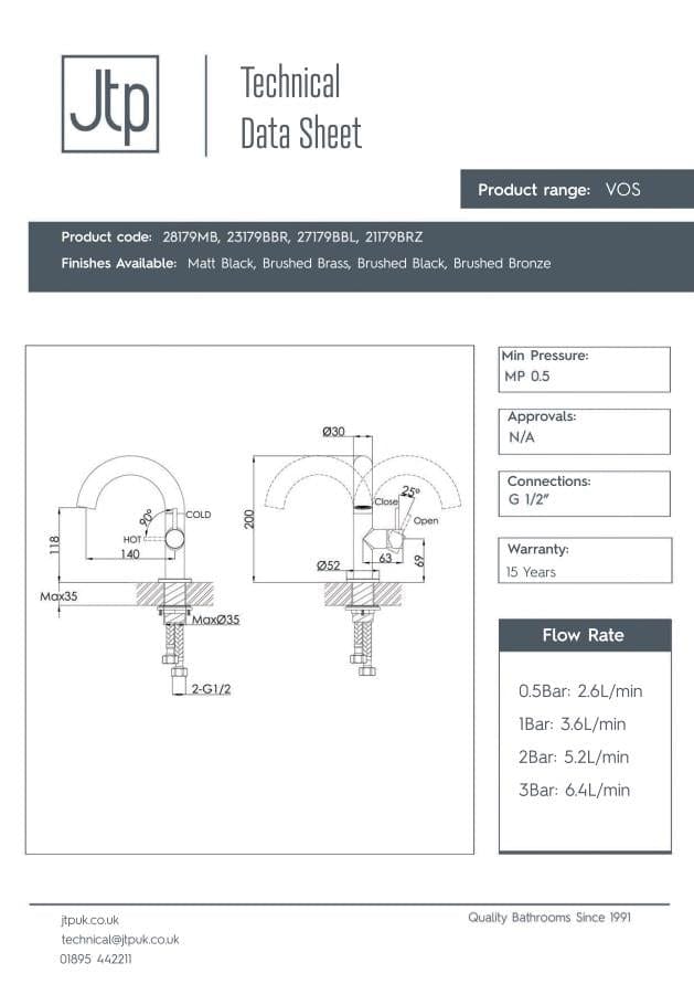 JTP Mono Basin Tap JTP VOS Side Lever Basin Mixer Tap