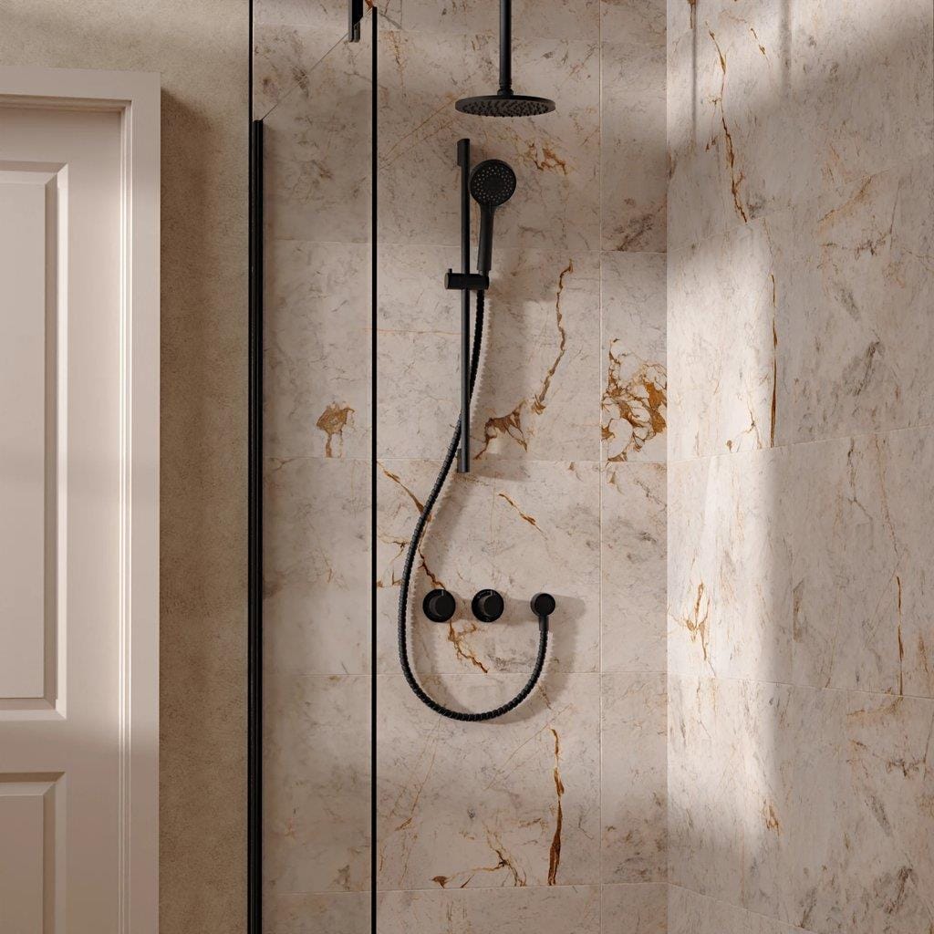 UK Bathroom Store Concealed Shower Set Matt Black / Ceiling Arm / 200mm Crosswater Module Shower Set 2 with Riser Rail Kit and Overhead Shower