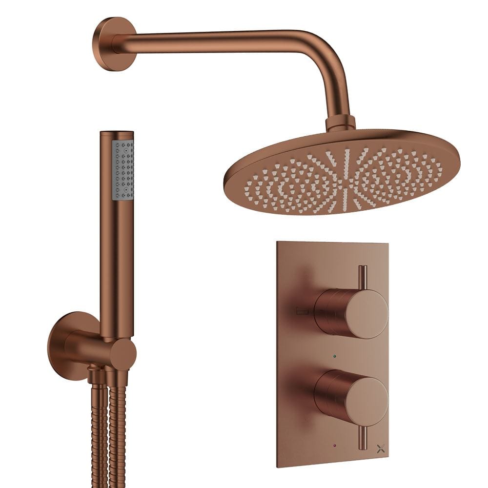 Crosswater Concealed Shower Set Brushed Bronze / Wall Arm / 300mm Crosswater Design 2 Handle 2 Outlet Thermostatic Shower Set with Rainfall Head and Pencil Handset