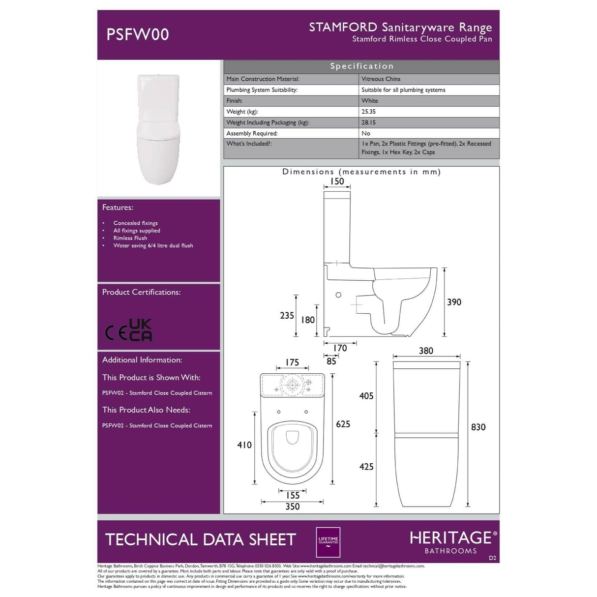Heritage Close Coupled Toilet Heritage Stamford Rimless Close Coupled Toilet with Soft Close Seat