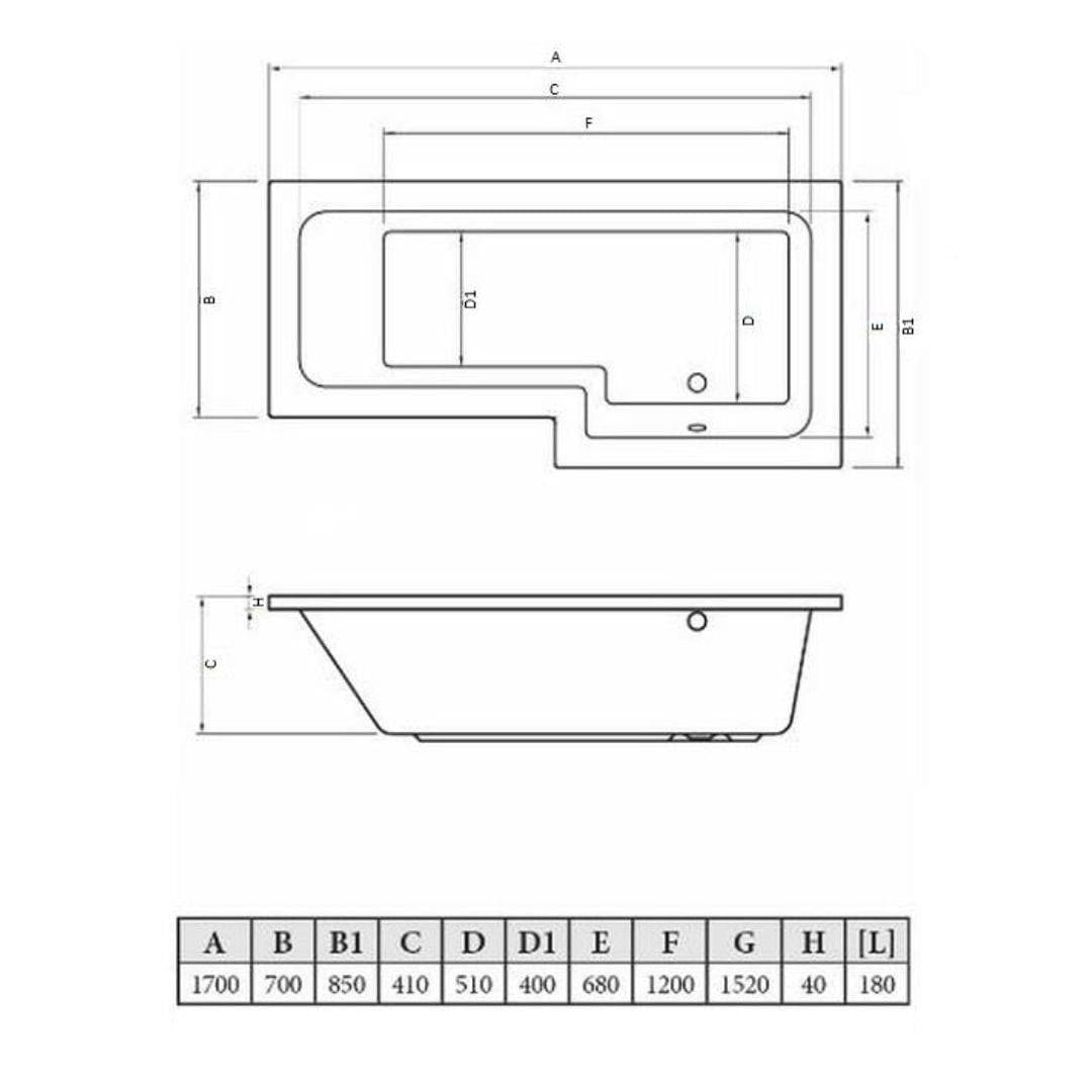 Aquarius L-Shaped Shower Bath Aquarius Splash 1700mm x 700mm L-Shape Shower Bath, Screen And Front Panel Set