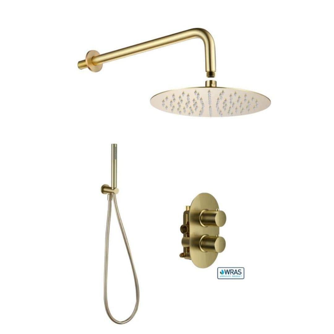 Aquarius Concealed Shower Set Brushed Brass Aquarius RainLux Round 2 Outlet Shower Bundle