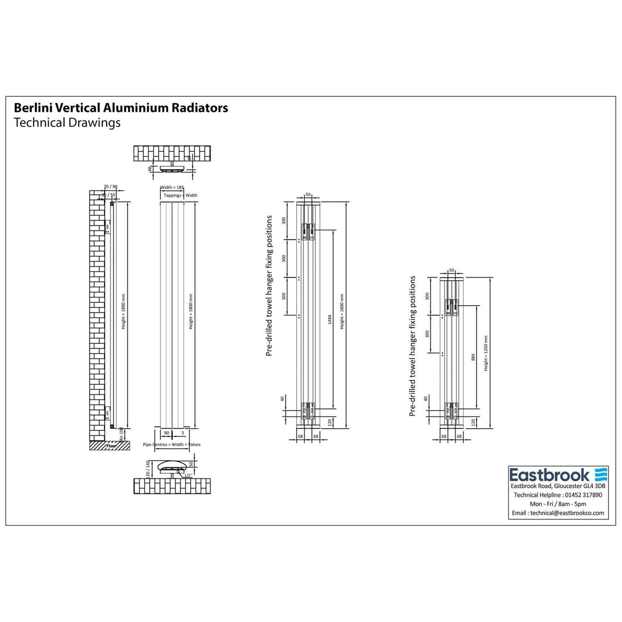Eastbrook Panel Radiator Eastbrook Berlini Straight Vertical Aluminium Radiator in Polished Aluminium