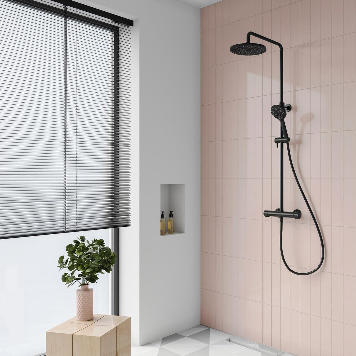 Flova Exposed Shower Set Matt Black Flova Linea Exposed Thermostatic Shower Valve Set with Adjustable Riser, Rainshower Head and Handset
