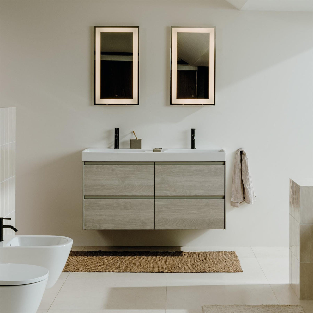 Roca Wall Mounted Vanity Unit White Oak Roca Ona 1200mm Wall Mounted Four Drawer Vanity Unit with Double Basin