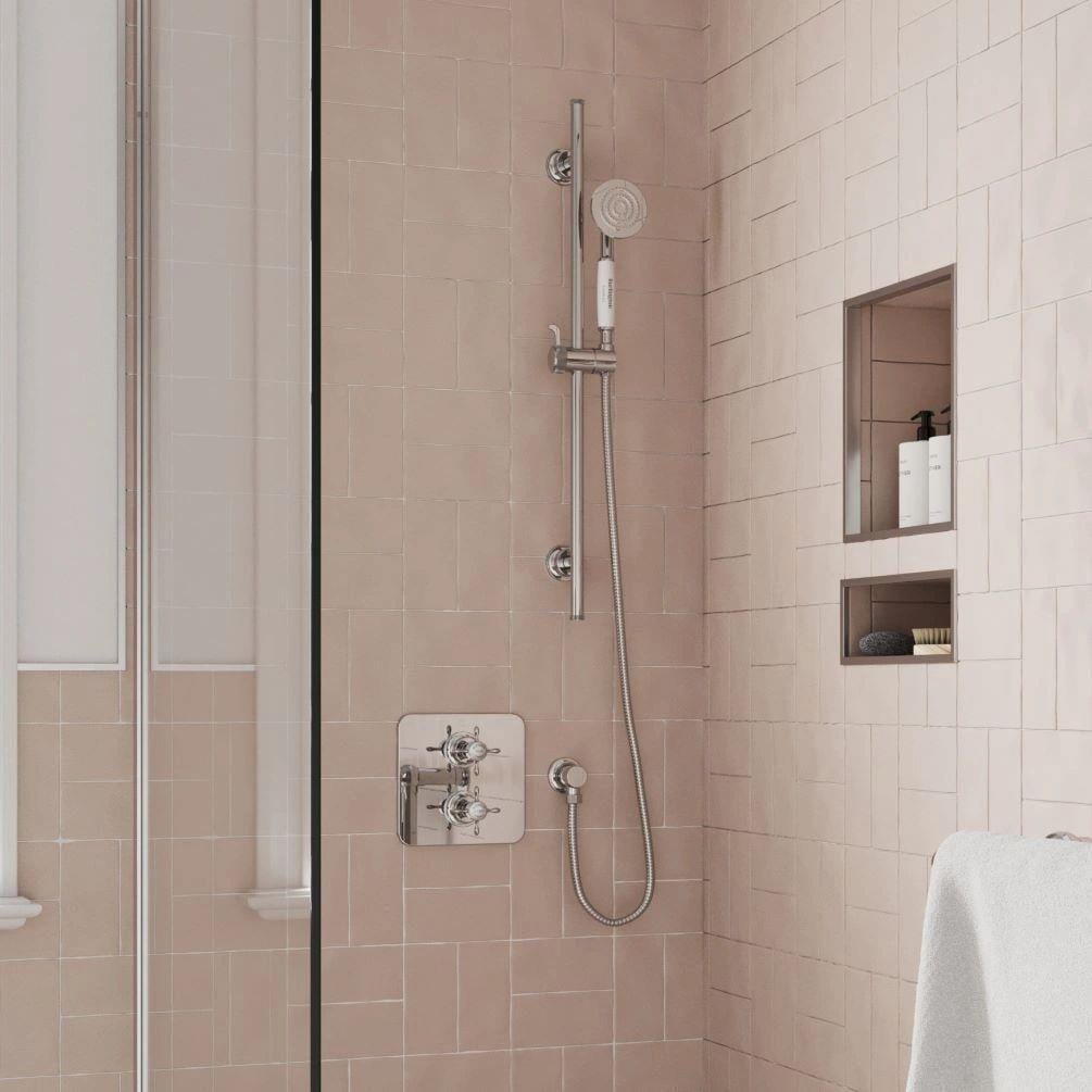 Burlington Concealed Shower Set Burlington Guild Square 1 Outlet, 2 Handle Concealed Thermostatic Shower Valve with Fixed Shower Arm & Head, Rail, Hose, Handset & Outlet Elbow