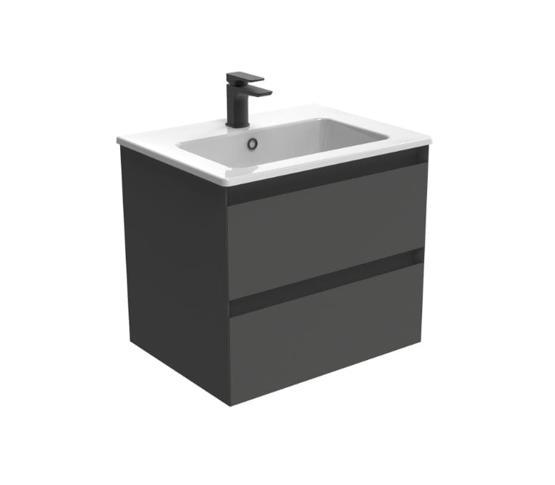 Saneux Wall Mounted Vanity Unit Matte Anthracite / 1 Hole Saneux Uni Vanity Unit With Basin - 600 x 470mm - Two Drawer - Wall Mounted