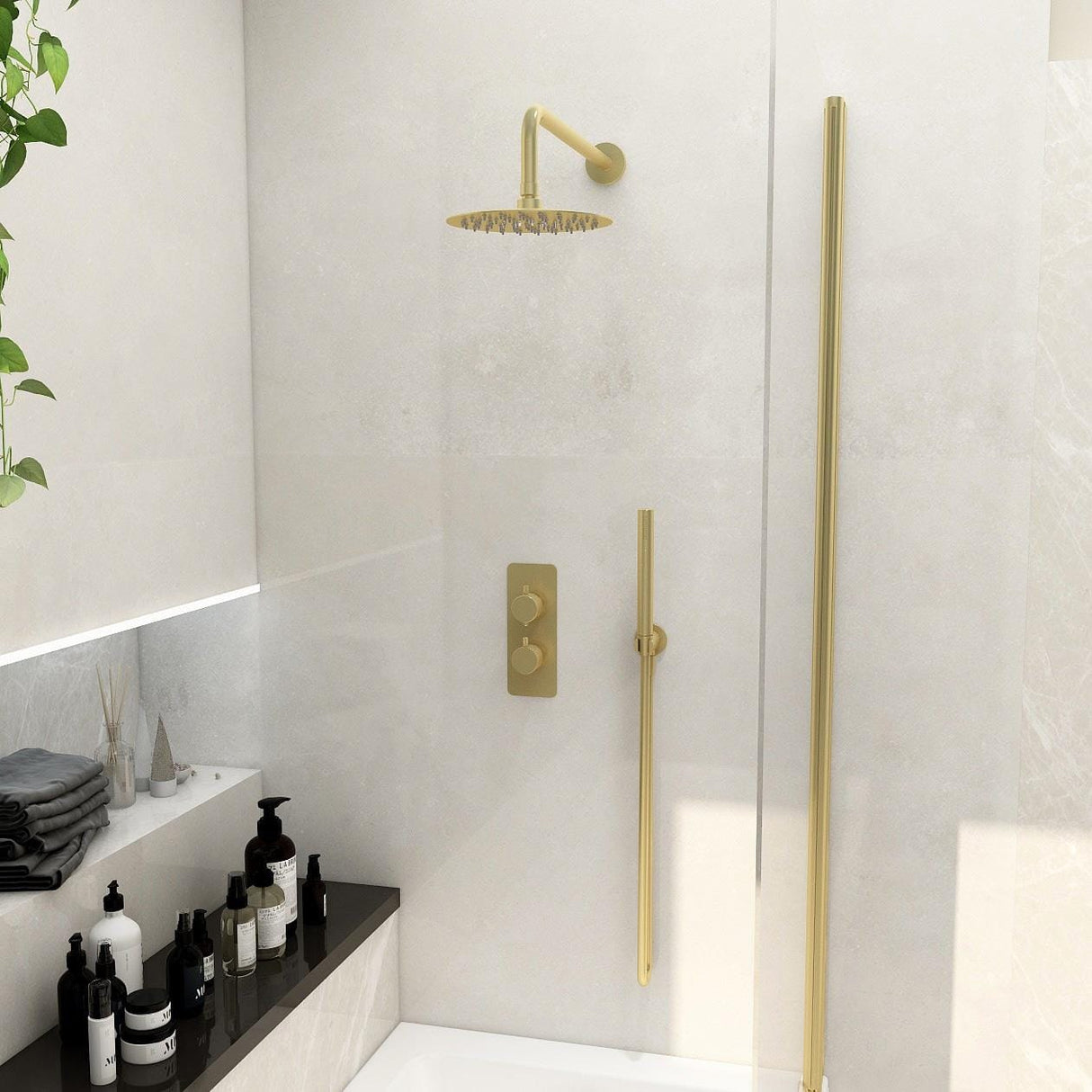 Imex Concealed Shower Set Brushed Brass Imex Ravine 2 Handle, 2 Outlet Shower Set with 200mm Rainfall Shower Head, Pencil Handset and Hose