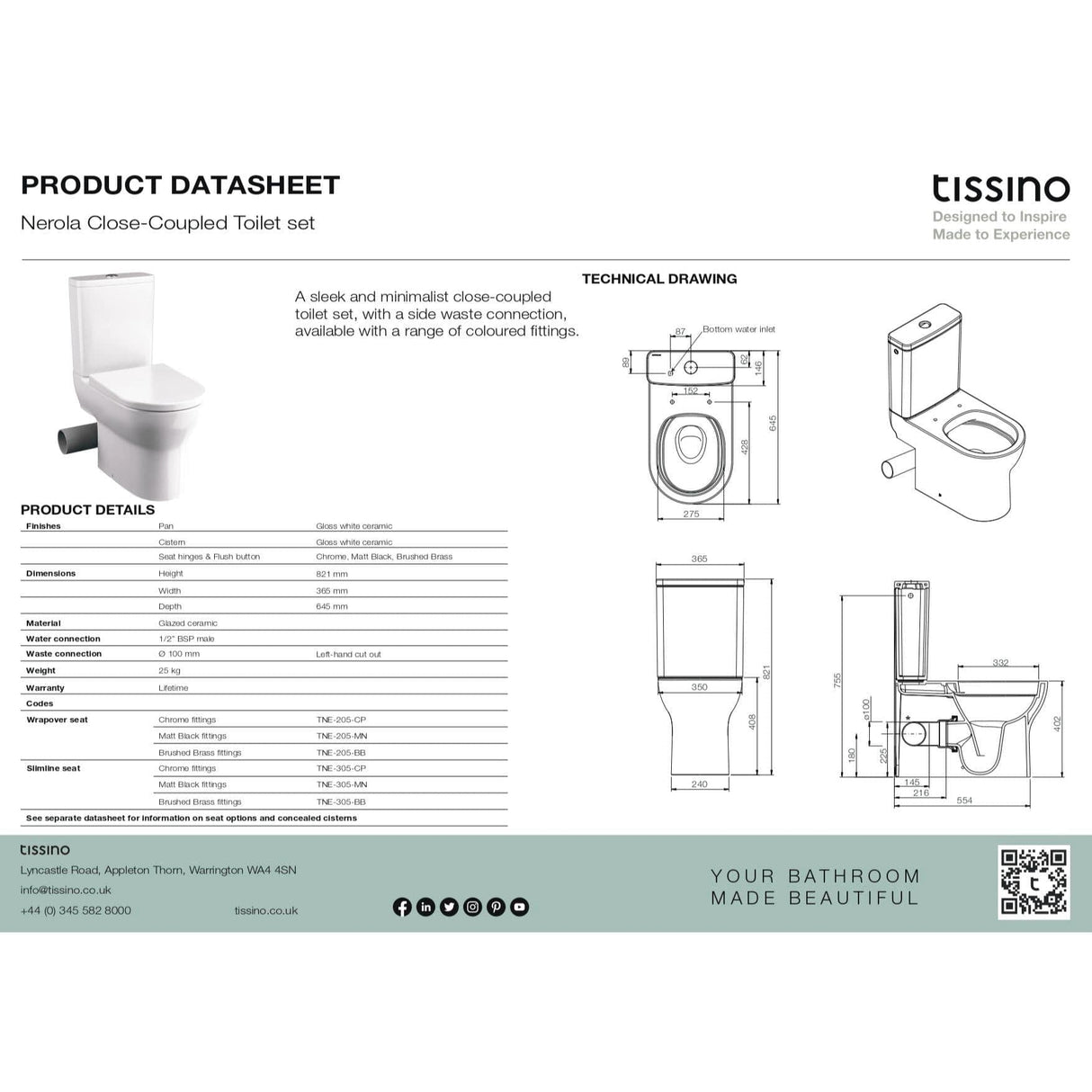 Tissino Close Coupled Toilet Tissino Nerola Rimless Closed Coupled Toilet - Right or Left Soil Exit - with Soft Close Wrapover Seat