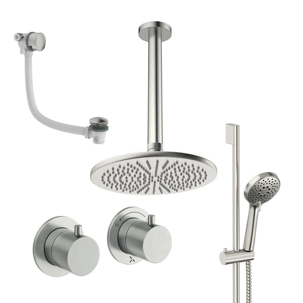UK Bathroom Store Concealed Shower Set Brushed Nickel / Ceiling Arm / 300mm Crosswater Module Shower Set 7 - 3 Outlet with Riser Rail Kit, Overhead Shower and Overflow Bath Filler