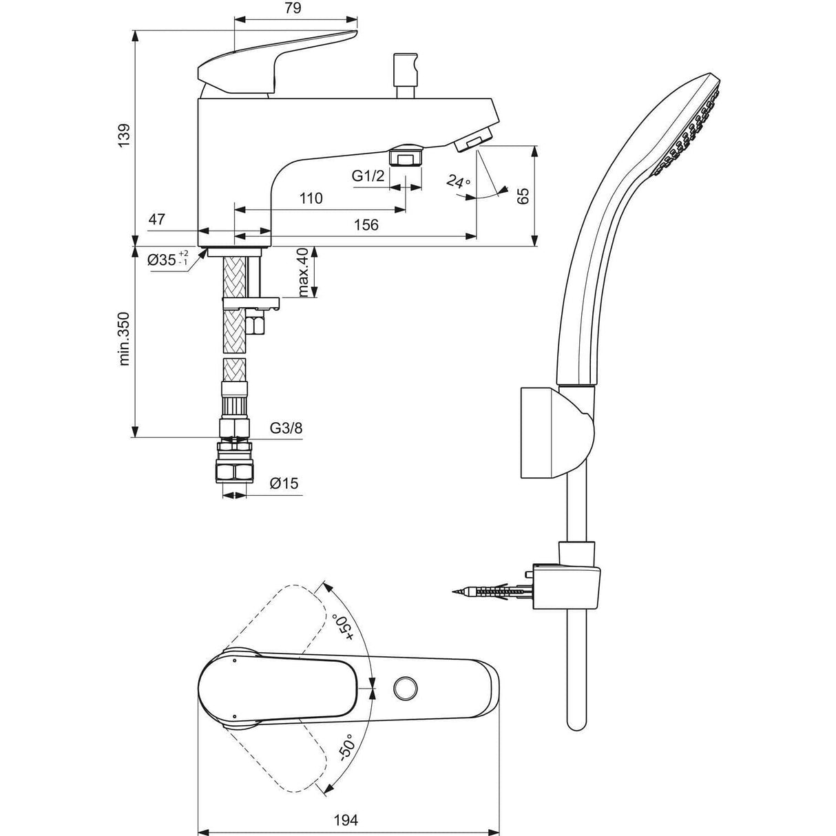 Ideal Standard Bath Shower Mixer Ideal Standard Ceraflex Single Lever One Tap Hole Bath Shower Mixer Tap with Shower Set in Chrome