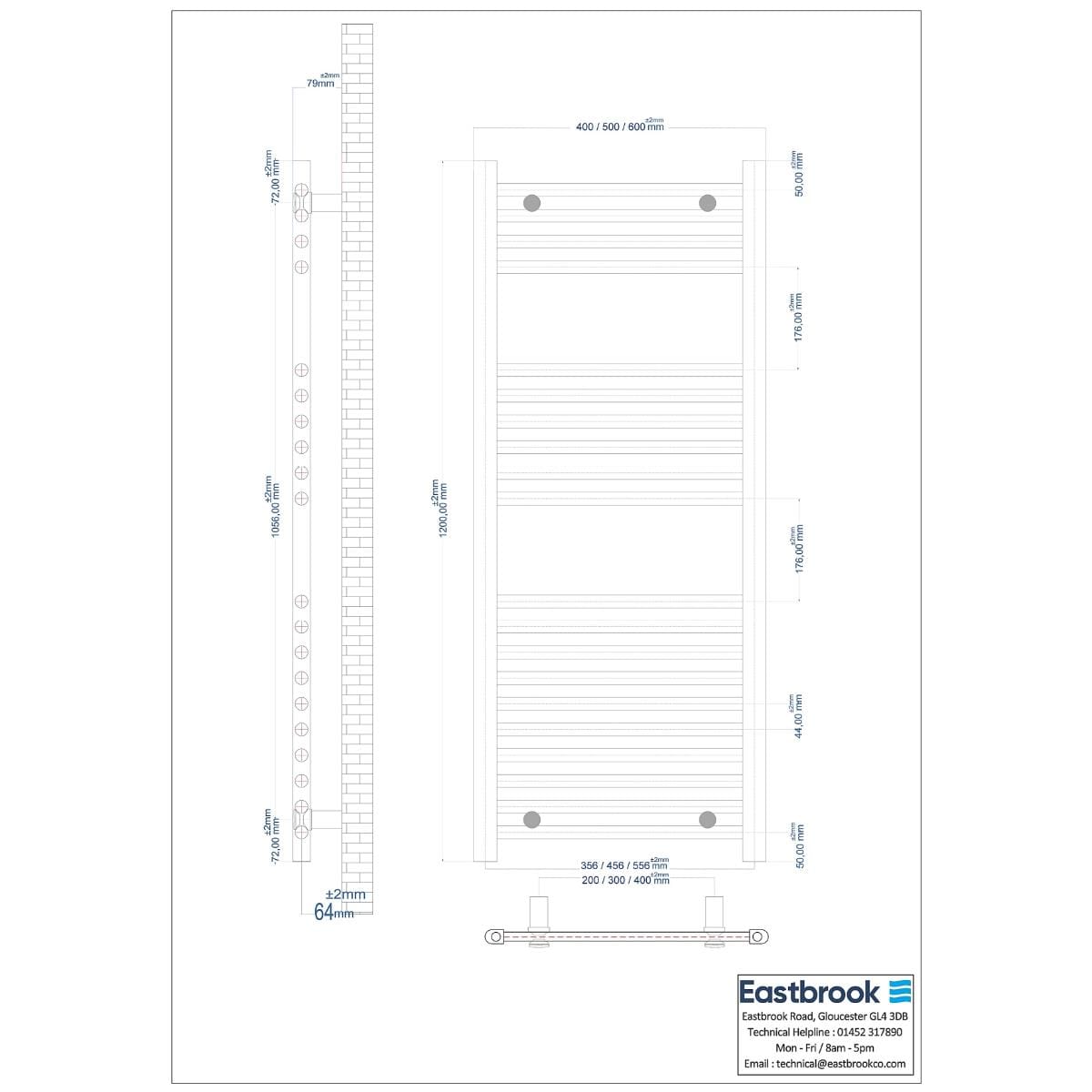 Eastbrook Ladder Rail Eastbrook Wingrave Vertical Straight Heated Towel Rail - 1200 x 600mm in Chrome