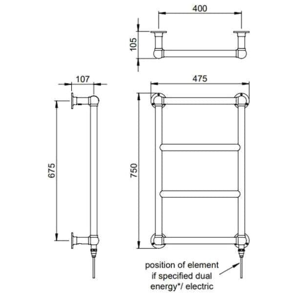 Vogue Traditional Towel Rails Central Heating Vogue Vintage Traditional Straight Towel Radiator - 750 x 475mm - Chrome