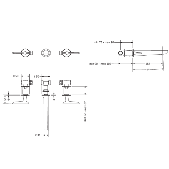 Crosswater Foile 3 Hole Wall Mounted Basin Mixer Tap