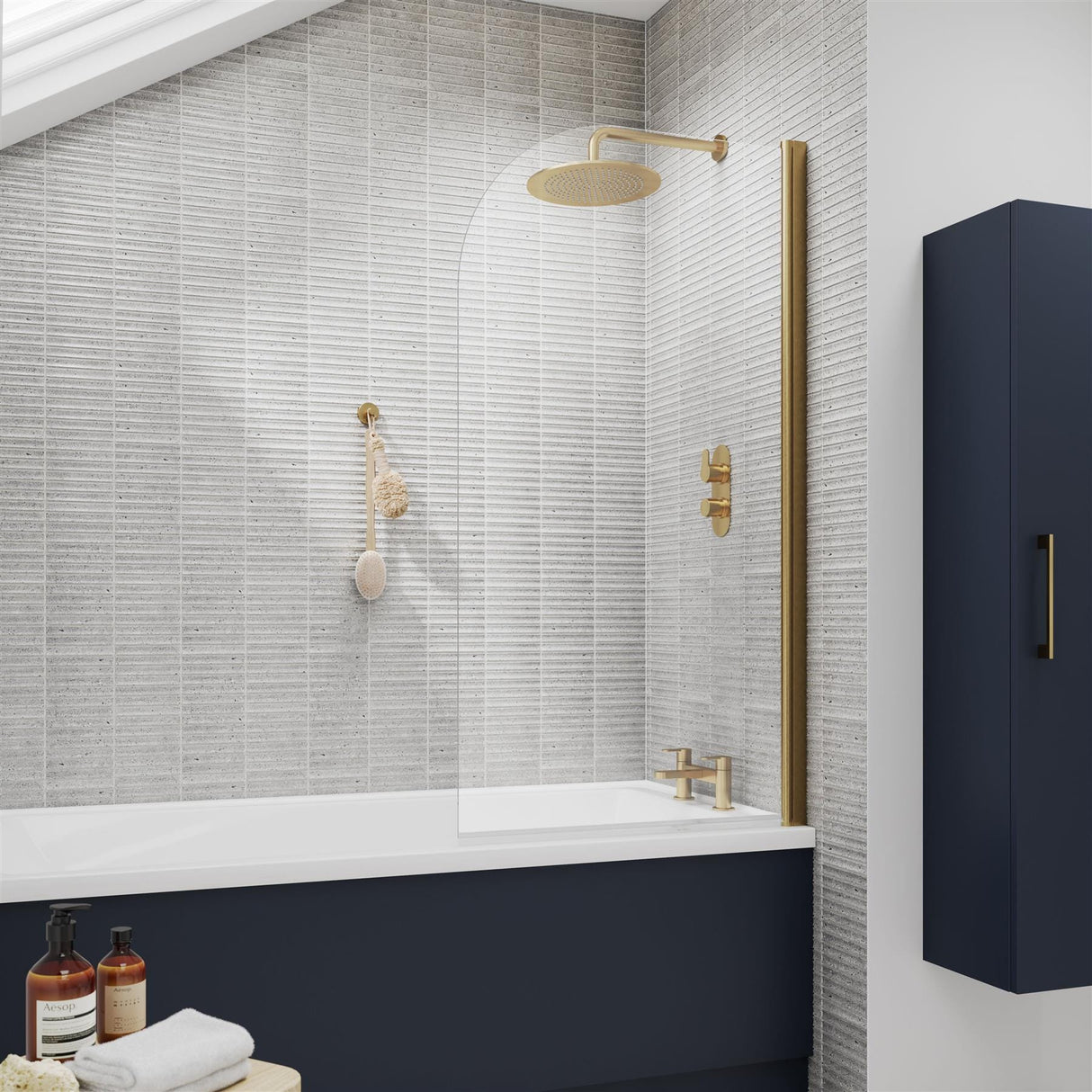 Aquarius Bathrooms Bath Screen Brushed Brass Aquarius LevAqua Curved 6mm Hinged Bath Screen 1400 x 800mm