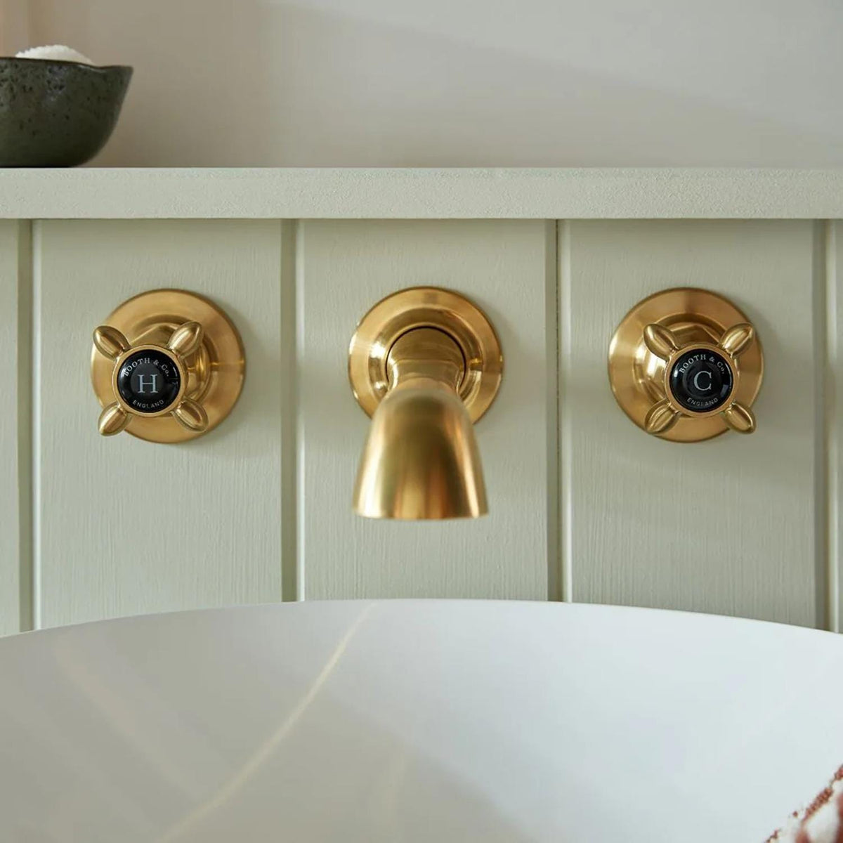 Vado Wall Mounted Basin Tap Brushed Brass/Black Booth & Co. Axbridge Wall Mounted Basin Mixer Tap with Crosshead Handles