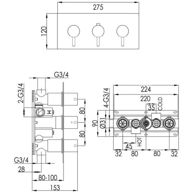 JTP Concealed Shower Valve JTP VOS 2 Outlet, 3 Handle, Horizontal Concealed Thermostatic Shower Valve
