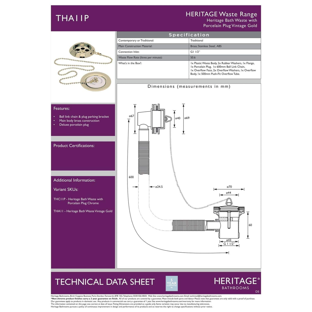 Heritage Bath Waste Heritage Bath Waste with Stowaway Plug and Chain