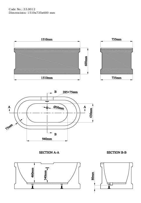 Eastbrook Modern Freestanding Bath Eastbrook Hampton Freestanding Bath - 1515 x 735 - Matt Grey/White - 33.0012