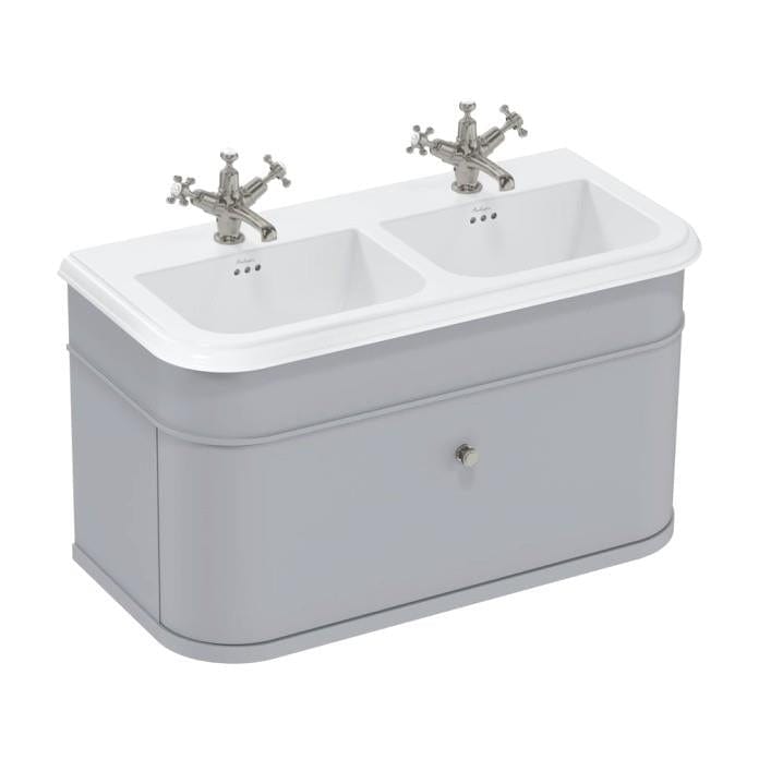 Burlington Double Sink Vanity Unit Classic Grey / Ceramic Basin - 3 Tap Hole / Brushed Nickel Burlington Chalfont 1000mm Wall Mounted Single Drawer Vanity Unit with Double Basin