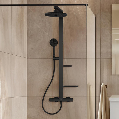 Ideal Standard Exposed Shower Set Silk Black Ideal Standard Ceratherm ALU+ Exposed Shower Valve Set with Fixed Riser, Showerhead, Handset and Shelves