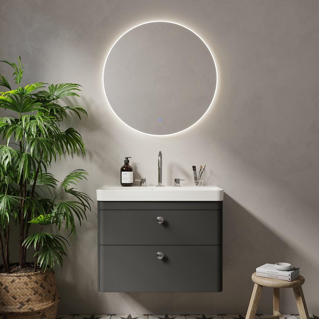 Saneux Wall Mounted Vanity Unit Matte Anthracite / 1 Hole Saneux Hyde Vanity Unit With Basin - 700 x 370mm - Two Drawer - Wall Mounted