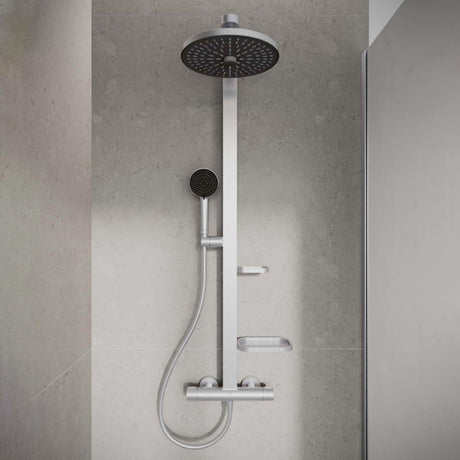 Ideal Standard Exposed Shower Set Silver Ideal Standard Ceratherm ALU+ Exposed Shower Valve Set with Fixed Riser, Showerhead, Handset and Shelves