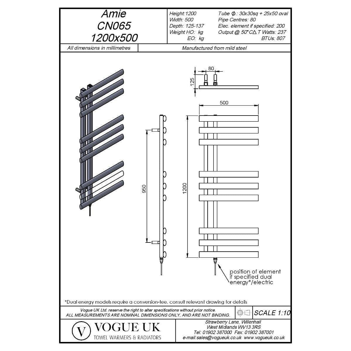 Vogue Designer Towel Radiators 1200 x 500 / Central Heating Vogue Amie Designer Heated Towel Rail in Chrome